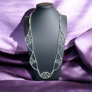 Silver Tone Filigree Necklace Layer Beaded Statement Adjustable Feminine Retro‎
